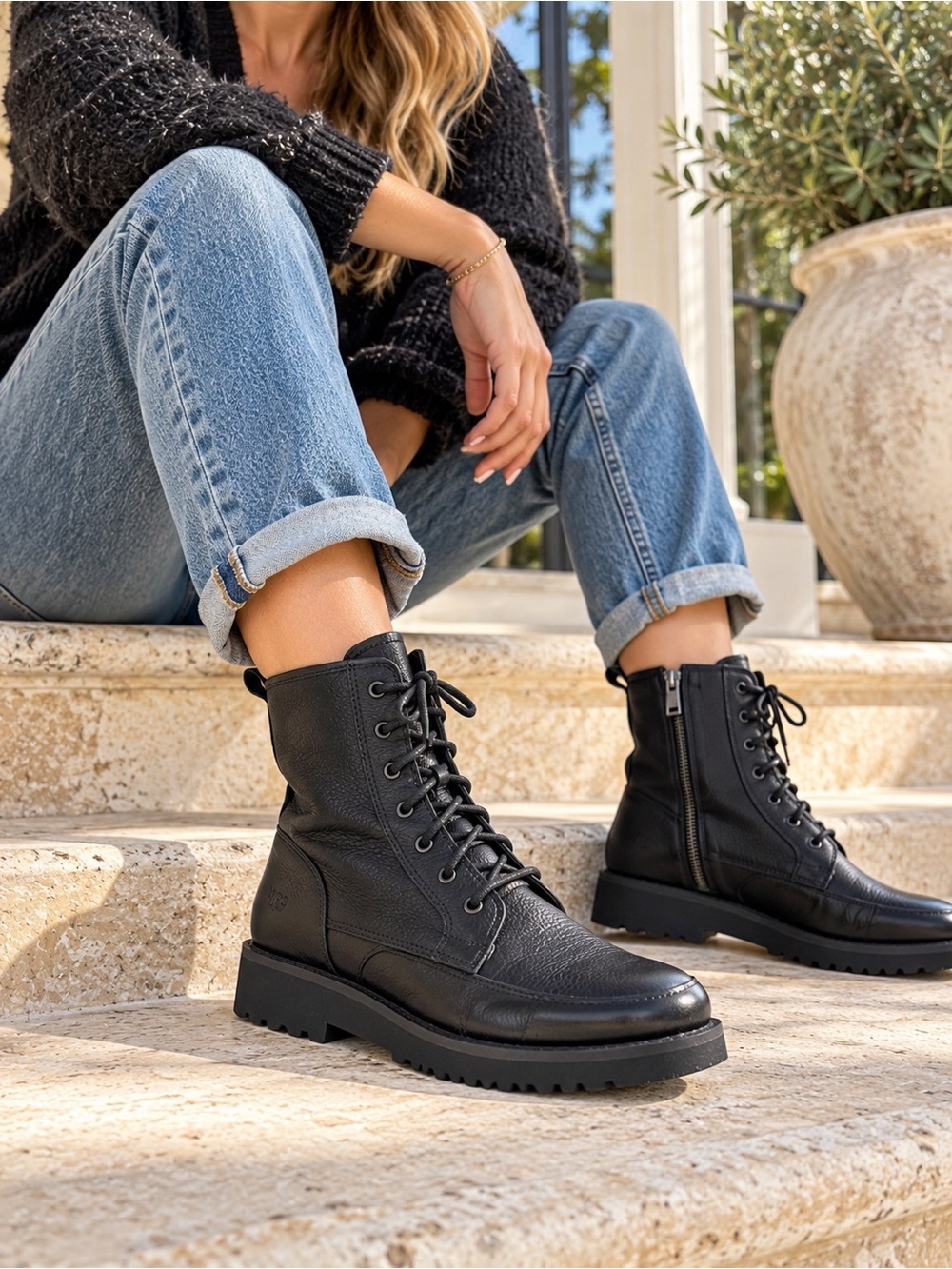 UGG Black Leather Lace-Up zipper Combat Boots Women’s Size 9